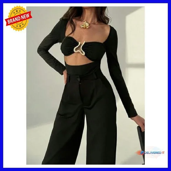 Long Sleeve Cut Out Metal Ring Bodysuit Leotard Top Slim Fit